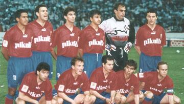 20 de abril de 1994 (Calder&oacute;n). Celta de Vigo, 0 - Real Zaragoza, 0. El equipo aragon&eacute;s conquist&oacute; su cuarto t&iacute;tulo de Copa en los penaltis. De izquierda a derecha: C&aacute;ceres, Poyet, Gay, Nayim, Cedr&uacute;n y Aguado. Agac