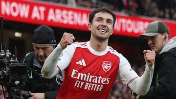 LONDON (United Kingdom), 07/02/2026.- Arsenals Martin Zubimendi celebrates after scoring the 1-0 lead goal against Sunderland during the English Premier League match between Arsenal FC against AFC Sunderland in London, Britain, 07 February 2026. (Reino Unido, Londres) EFE/EPA/ANDY RAIN EDITORIAL USE ONLY. No use with unauthorized audio, video, data, fixture lists, club/league logos, 'live' services or NFTs. Online in-match use limited to 120 images, no video emulation. No use in betting, games or single club/league/player publications.