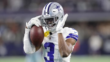 ARLINGTON, TEXAS - NOVEMBER 23: George Pickens #3 of the Dallas Cowboys reacts to a first down during a game against the Philadelphia Eagles at AT&T Stadium on November 23, 2025 in Arlington, Texas. Stacy Revere/Getty Images/AFP (Photo by Stacy Revere / GETTY IMAGES NORTH AMERICA / Getty Images via AFP)