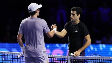 Tennis - ATP 500 - Swiss Indoors Basel - St. Jakobshalle, Basel, Switzerland - October 25, 2025 Brazil's Joao Fonseca shakes hands with Spain's Jaume Munar after winning the semi-final REUTERS/Pierre Albouy