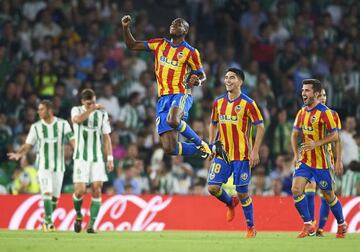 Geoffrey Kondogbia celebrates after scoring for Valencia in Sunday night's LaLiga clash at the Benito Villamarin.