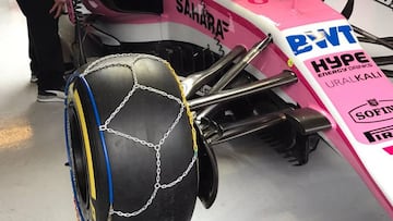 El Force India con las cadenas puestas... lógicamente como broma.