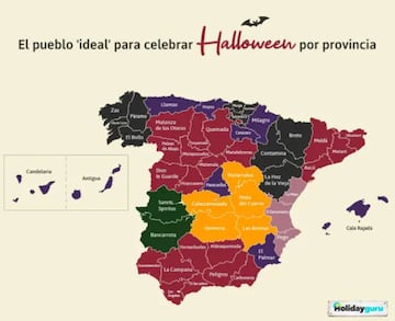 Imagen del mapa de España con los nombres más 'terroríficos' en cada provincia. (Mapa: HolidayGuru)