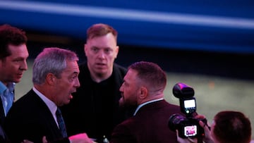 Irish mixed martial arts fighter Conor McGregor and Britain's Reform UK party leader Nigel Farage speak during a rally for U.S. President-elect Donald Trump, the day before he is scheduled to be inaugurated for a second term, in Washington, U.S., January 19, 2025. REUTERS/Brian Snyder