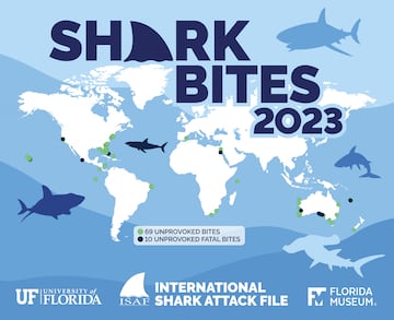 Mapa de ataques de tiburón en 2023.