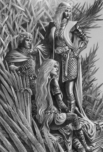 Aegon y sus dos esposas (y hermanas), Visenya y Rhaena Targaryen. Ilustraci&oacute;n del libro Fuego y Sangre (Doug Wheatley).