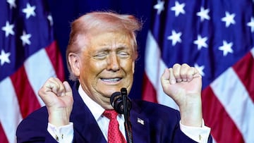 U.S. President Donald Trump gestures as he makes an impression of a transgender weightlifter during his address to House Republicans at their annual issues conference retreat at the Kennedy Center, renamed the Trump-Kennedy Centre by the Trump-appointed board of directors, in Washington, D.C., U.S., January 6, 2026. REUTERS/Kevin Lamarque