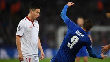 LEICESTER, ENGLAND - MARCH 14: Samir Nasri of Sevilla and Jamie Vardy of Leicester City butt heads during the UEFA Champions League Round of 16, second leg match between Leicester City and Sevilla FC at The King Power Stadium on March 14, 2017 in Leicester, United Kingdom. (Photo by Laurence Griffiths/Getty Images)