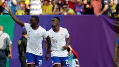 Jun 8, 2024; Landover, Maryland, USA; United States forward Tim Weah (21) celebrates with United States forward Folarin Balogun (20) after scoring a goal against Colombia in the second half at Commanders Field. Mandatory Credit: Geoff Burke-USA TODAY Sports