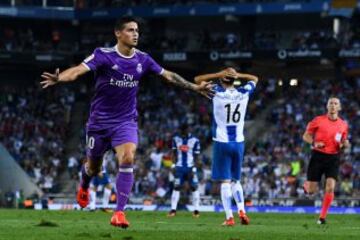 James celebrates his opening goal.