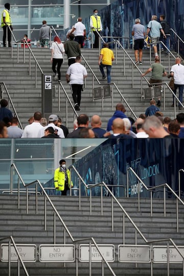 Before and after. Fans back at football grounds this month (top) compared to the situation a year ago.