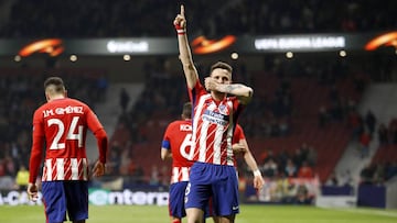 Saúl celebra el 1-0 al Lokomotiv en el Wanda Metropolitano.