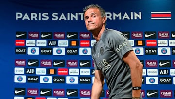 Paris Saint-Germain's Spanish headcoach Luis Enrique leaves after addressing a press conference at the club's "Camp des Loges" training grounds in Saint-Germain-en-Laye, in the western outskirts of Paris on May 11, 2024. Enrique commented on Mbappe's departure of the club on May 11, 2024, saying the PSG player "is a legend that gave everything to the club" in a press conference. (Photo by Miguel MEDINA / AFP)