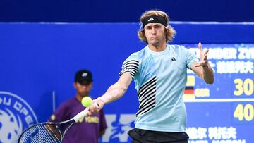 Alexander Zverev of Germany hits a return during his men's singles match against Pavel Kotov of Russia at the ATP Chengdu Open tennis tournament in Chengdu, in China�s southwest Sichuan province on September 23, 2023. (Photo by AFP) / China OUT