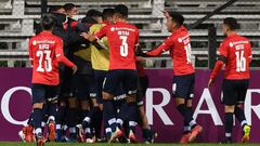 Argentina&#039;s Independiente players celebrate after scoring against Uruguay&#039;s Montevideo City Torque during the Copa Sudamericana football tournament group stage match at the Parque Viera Stadium in Montevideo, on May 11, 2021. (Photo by PABLO PORCIUNCULA / POOL / AFP)