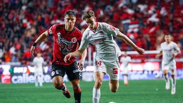 (L-R), Nicolas Diaz of Tijuana and Marcel Ruiz of Toluca during the game Tijuana vs Toluca, corresponding to Round 12 of the Torneo Clausura 2023 of the Liga BBVA MX, at Caliente Stadium, on March 17, 2023.
<br><br>
(I-D), Nicolas Diaz de Tijuana y Marcel Ruiz de Toluca durante el partido Tijuana vs Toluca, Correspondiente a la Jornada 12 del Torneo Clausura 2023 de la Liga BBVA MX, en el Estadio el Caliente, el 17 de Marzo de 2023.