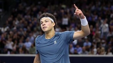 FRISCO, TEXAS - FEBRUARY 15: Ben Shelton of the United States reacts after winning a point against Taylor Fritz of the United States in the Men's Singles Final match during the final day of the 2026 Dallas Open at The Ford Center at The Star on February 15, 2026 in Frisco, Texas. Sam Hodde/Getty Images/AFP (Photo by Sam Hodde / GETTY IMAGES NORTH AMERICA / Getty Images via AFP)
