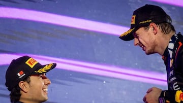 BAHRAIN - Sergio Perez (Red Bull Racing) and Max Verstappen (Red Bull Racing) on the podium after the Bahrain Grand Prix. It is the first race of the 2023 Formula 1 season. ANP SEM VAN DER WAL (Photo by ANP via Getty Images)