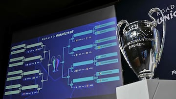 El trofeo de la Champions League presidiendo uno de los sorteos de la competición.