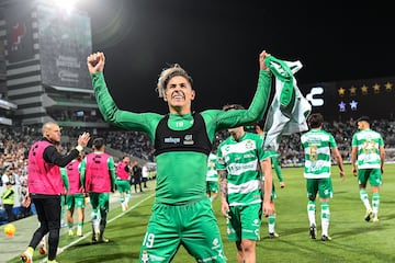    Santiago Munoz celebrates his goal 3-0 of Santos  during the 11th round match between Santos and Cruz Azul as part of the Torneo Clausura 2024 Liga BBVA MX at TSM -Corona- Stadium on March 09, 2024 in Torreon, Coahuila, Mexico.