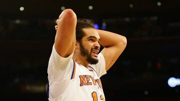 Jan 16, 2017; New York, NY, USA; New York Knicks center Joakim Noah (13) reacts after the Atlanta Hawks defeated the New York Knicks at Madison Square Garden. The Hawks won 108-107. Mandatory Credit: Andy Marlin-USA TODAY Sports