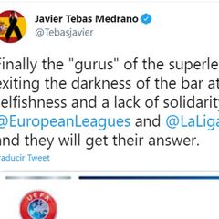 Tebas ataca a los promotores de la Superliga: "Al fin van a salir del 'bar de las cinco de la mañana"