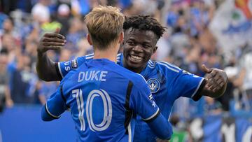 Jul 22, 2023; Montreal, Quebec, CAN; CF Montreal midfielder Bryce Duke (10) celebrates with forward Kwadwo Opoku (90) after scoring during the first half of a Leagues Cup game against UNAM at Stade Saputo. Mandatory Credit: Eric Bolte-USA TODAY Sports