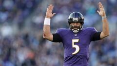 BALTIMORE, MD - DECEMBER 3: Quarterback Joe Flacco #5 of the Baltimore Ravens celebrates after a touchdown in the fourth quarter against the Detroit Lions at M&amp;T Bank Stadium on December 3, 2017 in Baltimore, Maryland.   Patrick Smith/Getty Images/AFP
 == FOR NEWSPAPERS, INTERNET, TELCOS &amp; TELEVISION USE ONLY ==