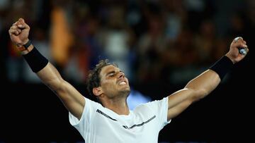 MELBOURNE, AUSTRALIA - JANUARY 23:  Rafael Nadal of Spain celebrates victory to the crowd in his fourth round match against Gael Monfils of France on day eight of the 2017 Australian Open at Melbourne Park on January 23, 2017 in Melbourne, Australia.  (Photo by Clive Brunskill/Getty Images)