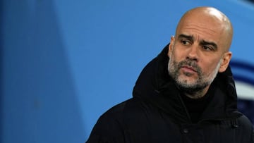 MANCHESTER, ENGLAND - APRIL 05: Manchester City Manager Pep Guardiola  during the UEFA Champions League Quarter Final Leg One match between Manchester City and Atlético Madrid at City of Manchester Stadium on April 05, 2022 in Manchester, England. (Photo by Chloe Knott - Danehouse/Getty Images)