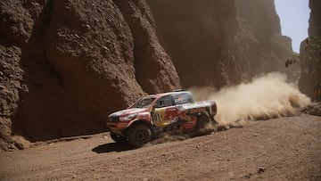 Driver Nasser Al-Attiyah of Qatar and co-driver Matthieu Baumel of France race their Toyota during the 3rd stage of the Dakar Rally 2017, between the San Miguel de Tucuman and San Salvador de Jujuy of Argentina, Wednesday, Jan. 4, 2017. (AP Photo/Martin Mejia)