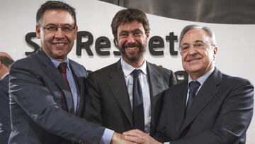 Bartomeu (presidente del Barça), Agnelli (de la ECA) y Florentino (del Real Madrid).