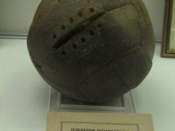 Leather ball with interior bladder for the 1930 Uruguay World Cup, used in the first half of the Uruguay-Argentina final.