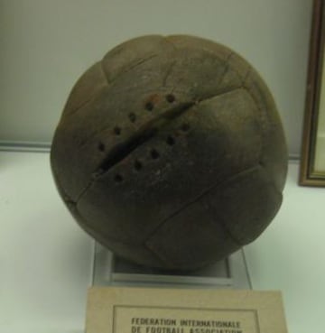 Leather ball with interior bladder for the 1930 Uruguay World Cup, used in the first half of the Uruguay-Argentina final.