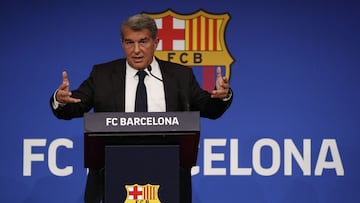 Soccer Football - FC Barcelona Press Conference - Auditorium 1899 near the Camp Nou, Barcelona, Spain - May 28, 2021 FC Barcelona president Joan Laporta during the press conference REUTERS/Albert Gea