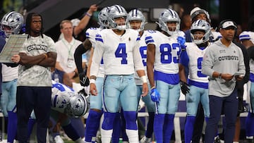 ATLANTA, GEORGIA - NOVEMBER 03: Dak Prescott #4 of the Dallas Cowboys looks on from the sidelines during the fourth quarter against the Atlanta Falcons at Mercedes-Benz Stadium on November 03, 2024 in Atlanta, Georgia. Kevin C. Cox/Getty Images/AFP (Photo by Kevin C. Cox / GETTY IMAGES NORTH AMERICA / Getty Images via AFP)