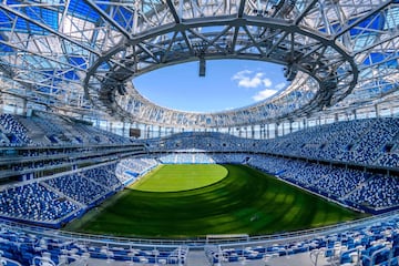 A photo shows an interior view of the Nizhny Novgorod Arena in Nizhny Novgorod on May 21, 2018. The stadium will host four group matches, round of 16 game and a quarter-final football match of the FIFA World Cup 2018.