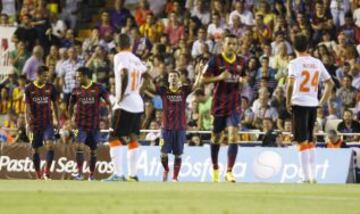 Tercera jornada de la Liga Bbva. Valencia - Barcelona. 0-1. Messi celebra el primer tanto.