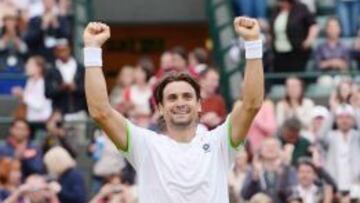 David Ferrer alza los brazos tras alcanzar el pase a octavos de final.