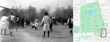 El campo de fútbol era conocido también con varios nombres como "Campo del Tiro al Pichón" o "Campo de la Rana". Era un terreno de tierra justo detrás de las tapias del Parque del Retiro, en la antigua Ronda de Vallecas, actual Menéndez Pelayo. Fue utilizado para sus partidos por diferentes clubes de la capital en la primera década de 1900. En la imagen, un momento de un encuentro de fútbol en la época y el mapa de dónde estaría en la actualidad. 
