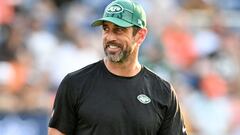 CANTON, OHIO - AUGUST 03: Aaron Rodgers #8 of the New York Jets looks on prior to the 2023 Pro Hall of Fame Game against the Cleveland Browns at Tom Benson Hall Of Fame Stadium on August 3, 2023 in Canton, Ohio.   Nick Cammett/Getty Images/AFP (Photo by Nick Cammett / GETTY IMAGES NORTH AMERICA / Getty Images via AFP)