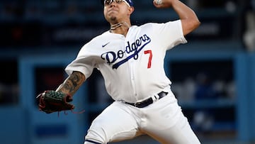 LOS ANGELES, CA - APRIL 04: Starting pitcher Julio Urias #7 of the Los Angeles Dodgers throws against the Colorado Rockies during the first inning at Dodger Stadium on April 4, 2023 in Los Angeles, California.   Kevork Djansezian/Getty Images/AFP (Photo by KEVORK DJANSEZIAN / GETTY IMAGES NORTH AMERICA / Getty Images via AFP)