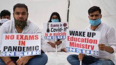 Activists of National Students Union of India (NSUI ) take part in a demonstration in front of the NSUI headquarters in New Delhi on August 26, 2020, demanding to the government to postpone JEE and NEET, two of India&#039;s most competitive entrance exams