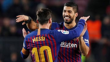 Soccer Football - La Liga Santander - FC Barcelona v Leganes - Camp Nou, Barcelona, Spain - January 20, 2019   Barcelona&#039;s Luis Suarez celebrates scoring their second goal with Lionel Messi              REUTERS/Albert Gea