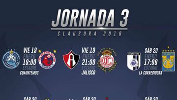 Fechas y horarios de la jornada 3 del Clausura 2018 de la Liga MX