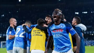 Victor Osimhen of SSC Napoli celebrates after Hirving Lozano of SSC Napoli scored his side first goal during the Serie A match between SSC Napoli and Empoli Calcio at Stadio Diego Armando Maradona, Naples, Italy on 8 November 2022. (Photo by Giuseppe Maffia/NurPhoto via Getty Images)