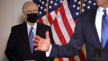 WASHINGTON, DC - SEPTEMBER 15: U.S. Senate Majority Leader Mitch McConnell (R-KY) joins a news conference following the weekly Republican policy luncheon in the Hart Senate Office Building on Capitol Hill September 15, 2020 in Washington, DC. House Speake