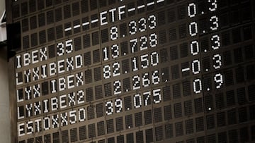 Vista de paneles con valores bursátiles en el Palacio de la Bolsa, a 25 de marzo de 2022, en Madrid (España).