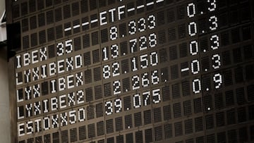 Vista de paneles con valores burs&aacute;tiles en el Palacio de la Bolsa, a 25 de marzo de 2022, en Madrid (Espa&ntilde;a).