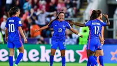 Selma BACHA of France celebrates the victory with Clara MATEO of France and Sandy BALTIMORE of France during the Quarter-Final UEFA women's European Championship match between France and Netherlands at The New York Stadium on July 23, 2022 in Rotherham, England. (Photo by Baptiste Fernandez/Icon Sport via Getty Images)